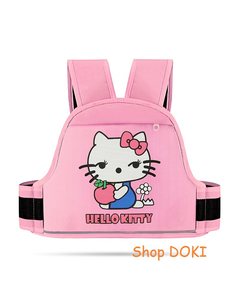 Đai đi xe máy cho bé DODOTO chất lượng cao, dày dặn, có túi, hình Hello Kitty hồng